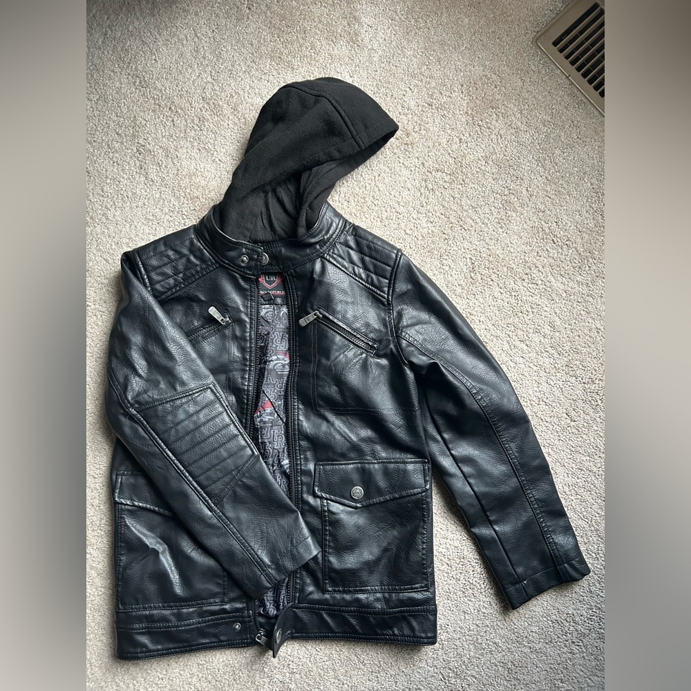Boys Moto jacket, faux leather, hooded, black